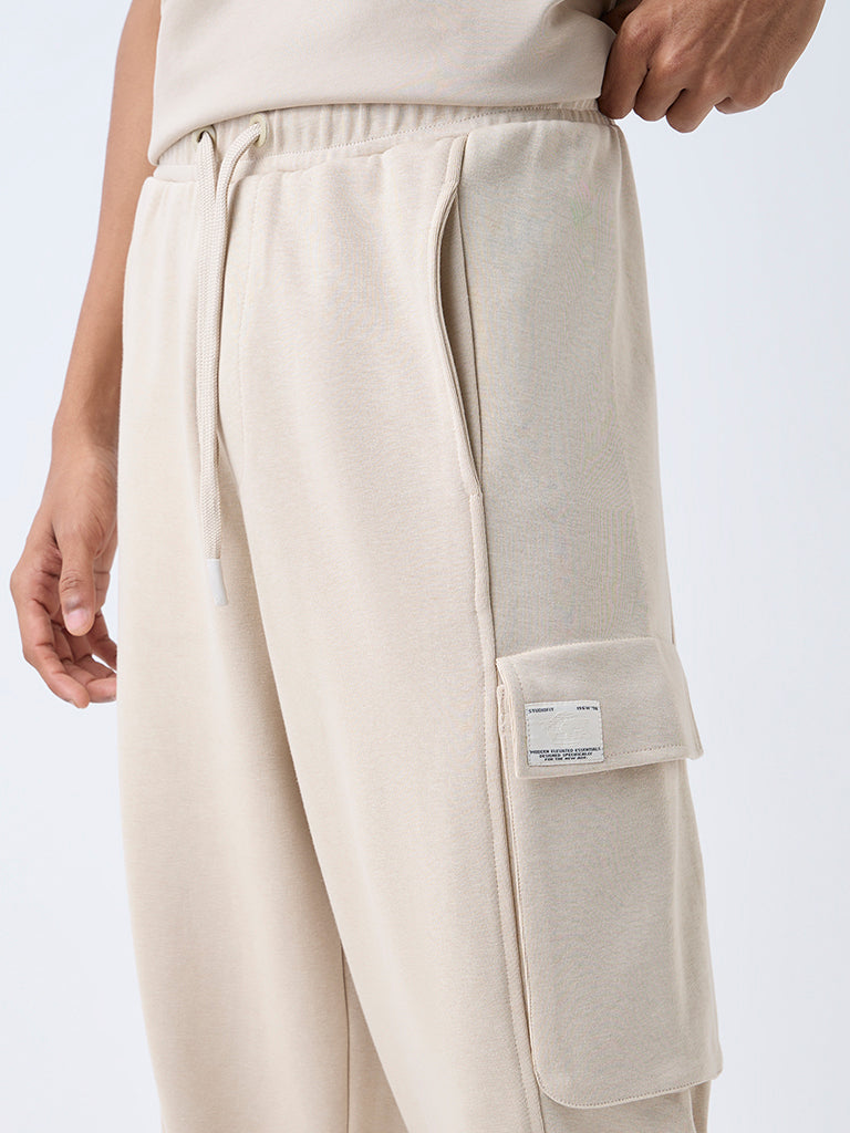 Studiofit Beige Relaxed-Fit Mid-Rise Cotton-Blend Track Pants - Image 4