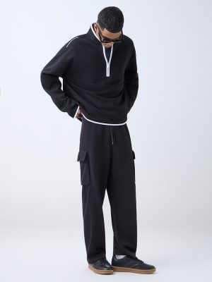 Studiofit Black Relaxed-Fit Mid-Rise Cotton-Blend Track Pants