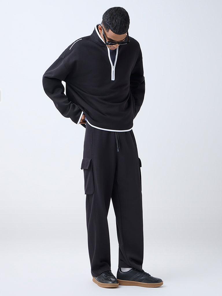 Studiofit Black Relaxed-Fit Mid-Rise Cotton-Blend Track Pants