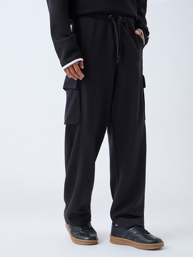 Studiofit Black Relaxed-Fit Mid-Rise Cotton-Blend Track Pants - Image 3