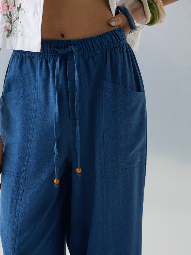 Bombay Paisley Indigo Solid Cotton-Blend Pants - Image 3