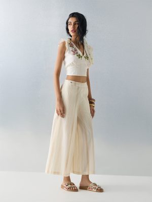 Bombay Paisley Light Beige Striped Cotton-Blend Palazzos