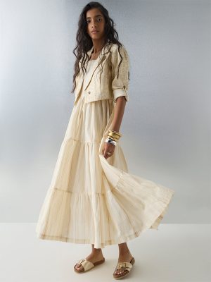 Bombay Paisley Off-White Striped Cotton Tiered Dress with Jacket