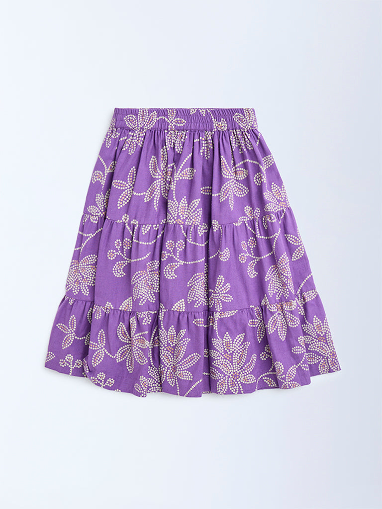 Utsa Kids Purple Bandhani Floral Tiered Cotton-Blend Skirt - (2-8yrs)