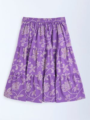 Utsa Kids Purple Bandhani Floral Cotton Tiered Skirt - (8-14yrs)