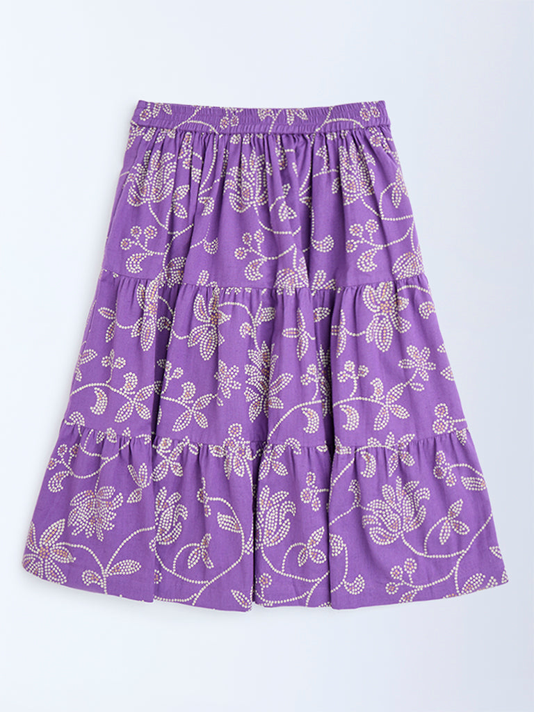 Utsa Kids Purple Bandhani Floral Cotton Tiered Skirt - (8-14yrs)