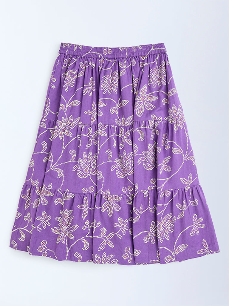 Utsa Kids Purple Bandhani Floral Cotton Tiered Skirt - (8-14yrs) - Image 2