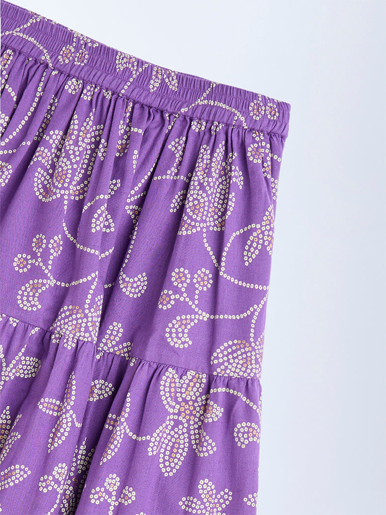 Utsa Kids Purple Bandhani Floral Cotton Tiered Skirt - (8-14yrs) - Image 3
