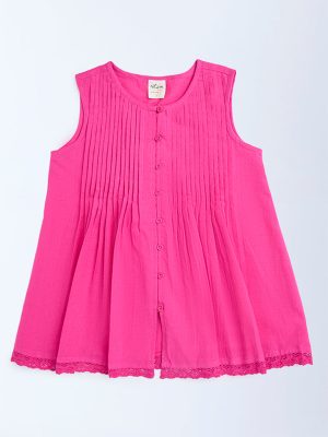 Utsa Kids Pink Pintuck Detailed Cotton-Blend Dress - (8-14yrs)