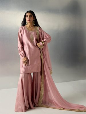 Vark Dusty Pink Zari Embroidered Straight Ethnic Set