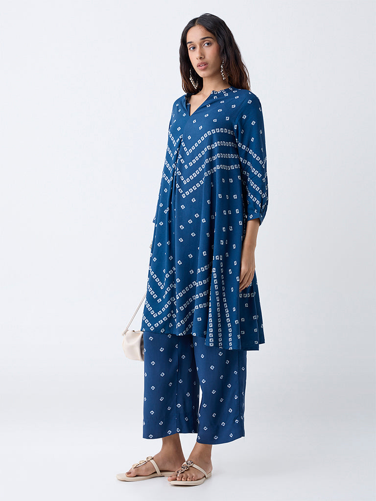 Utsa Navy Bandhani Print A-Line Kurta - Image 2