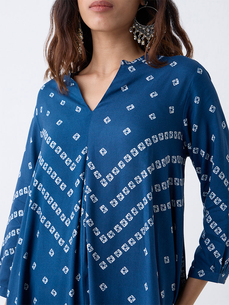 Utsa Navy Bandhani Print A-Line Kurta - Image 3