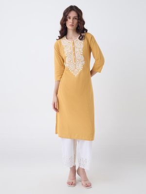 Utsa Mustard Paisley Embroidered Cotton-Blend A-Line Kurta