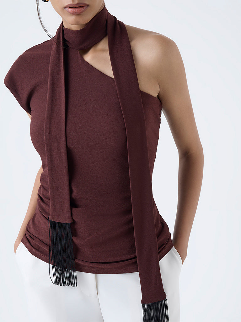 Wardrobe Dark Brown One-Shoulder Top - Image 3