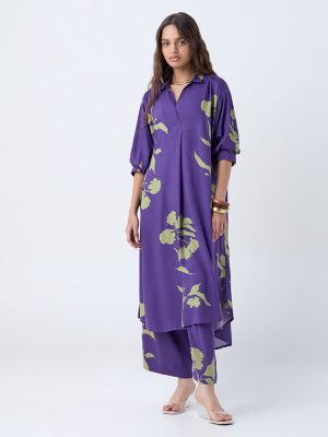 Utsa Purple Floral Design High-Low Kurta