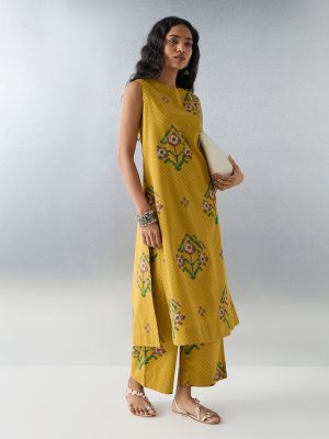 Utsa Mustard Printed Cotton-Blend A-Line Kurta