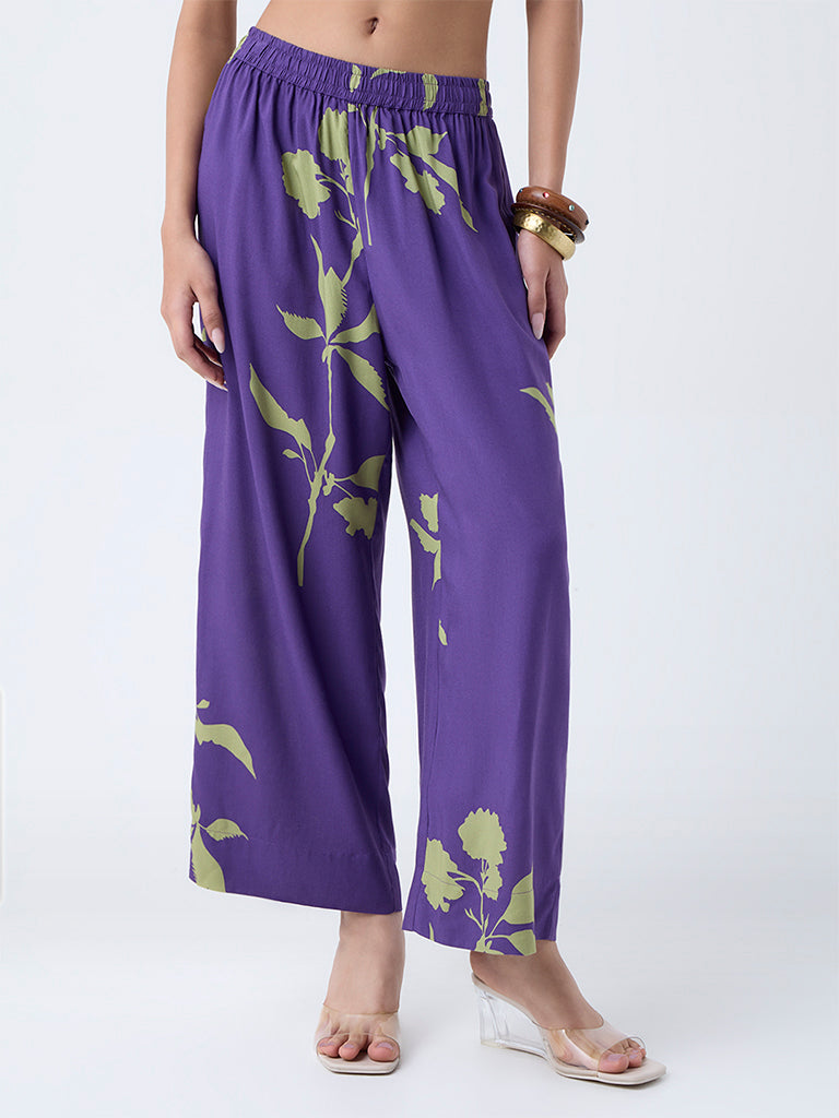Utsa Purple Floral Pattern Pants