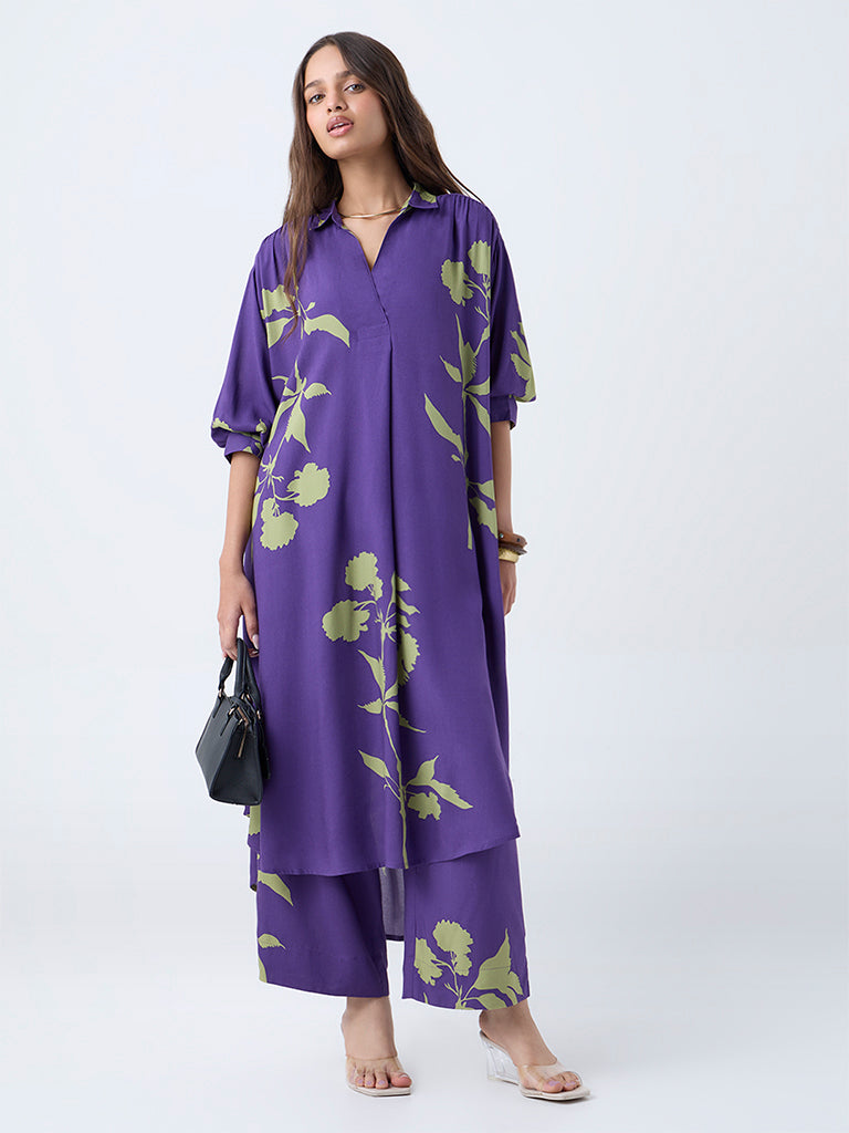 Utsa Purple Floral Pattern Pants - Image 2