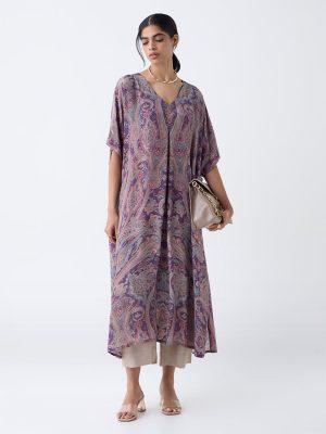 Zuba Purple Printed A-Line Kaftan