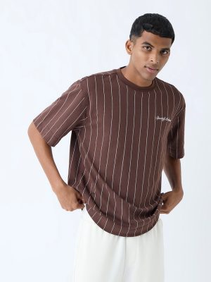 Studiofit Brown Stripe Relaxed-Fit Cotton-Blend T-Shirt