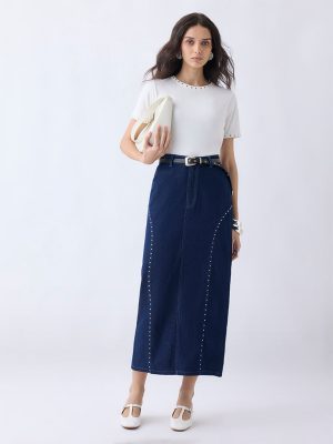 LOV Dark Blue Stud Detailed High-Rise Denim Skirt