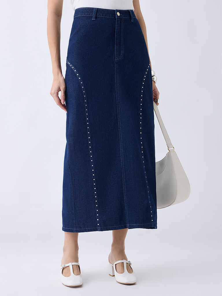 LOV Dark Blue Stud Detailed High-Rise Denim Skirt - Image 2
