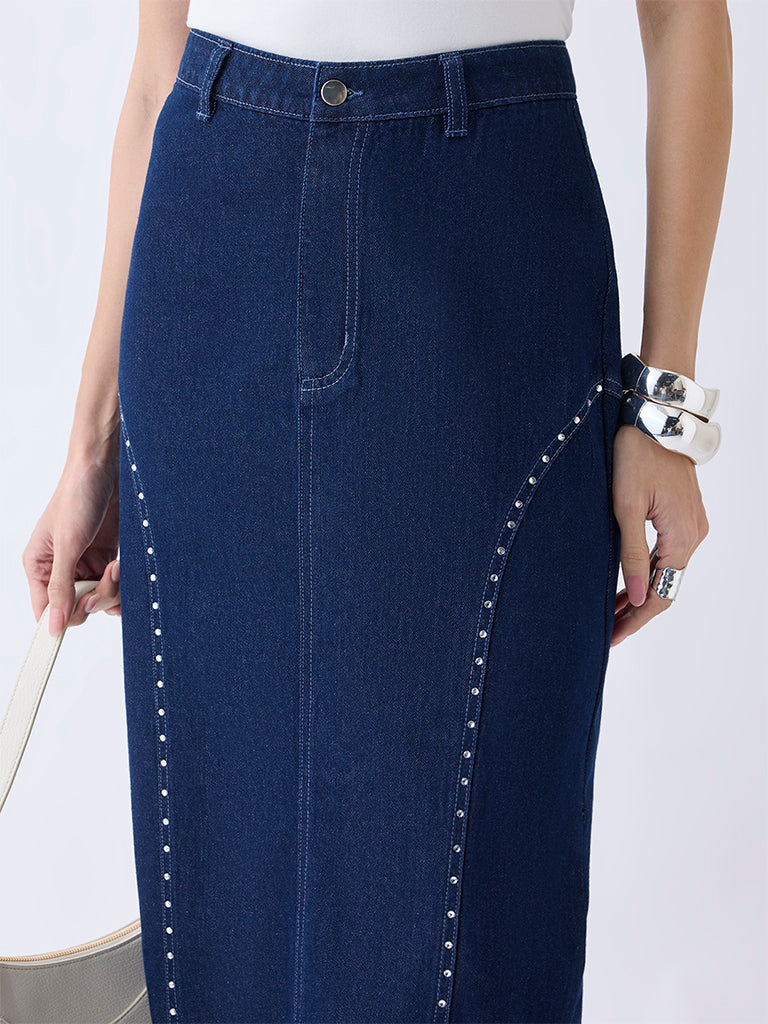 LOV Dark Blue Stud Detailed High-Rise Denim Skirt - Image 3