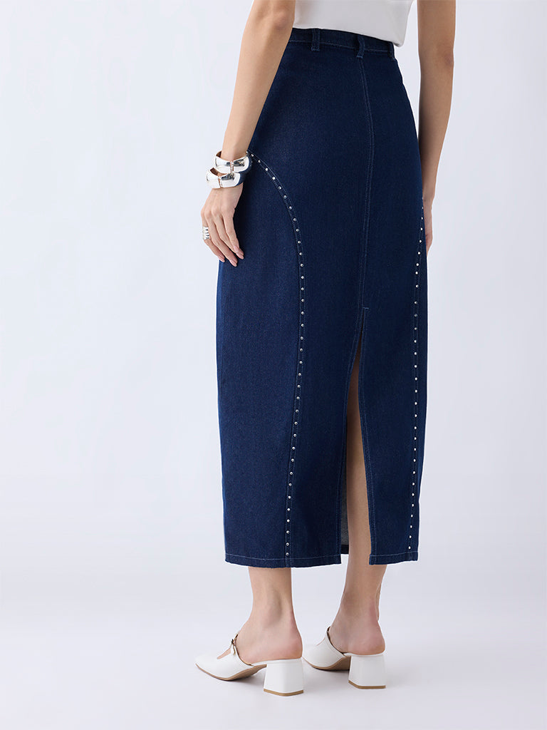 LOV Dark Blue Stud Detailed High-Rise Denim Skirt - Image 4