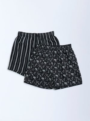 WES Lounge Black Relaxed-Fit Cotton Boxers - Pack of 2