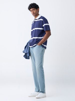 WES Casuals Navy Relaxed Fit Cotton-Blend Polo T-Shirt