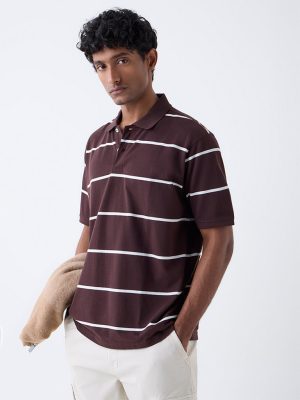 WES Casuals Dark Brown Relaxed-Fit Cotton-Blend Polo T-Shirt
