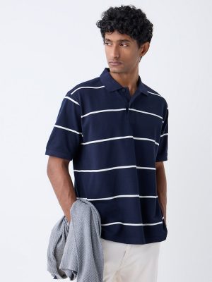 WES Casuals Navy Relaxed-Fit Cotton-Blend Polo T-Shirt