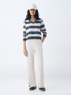Studiofit Beige Slit-Detailed High-Rise Pants
