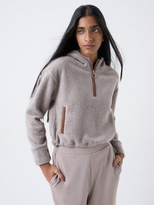 Studiofit Taupe Fleece Quarter-Zip Hoodie