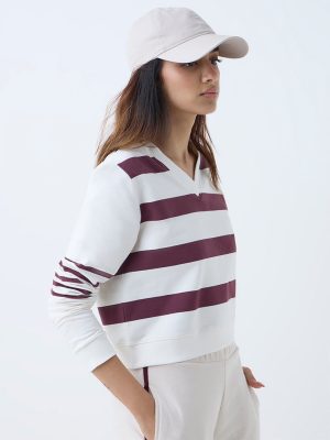 Studiofit Cream Striped Cotton-Blend T-Shirt