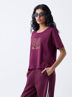 Studiofit Plum Printed Cotton T-Shirt