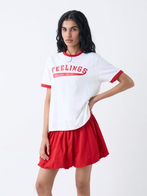 Nuon White Text Pattern Cotton T-Shirt