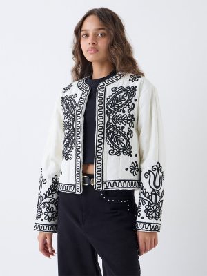 LOV Cream Embroidered Cotton Quilted Jacket