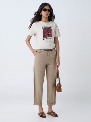 LOV Beige Mid-Rise Cotton-Blend Trousers with Belt