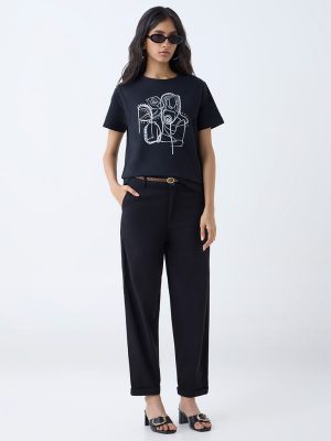 LOV Black Mid-Rise Cotton-Blend Trousers with Belt