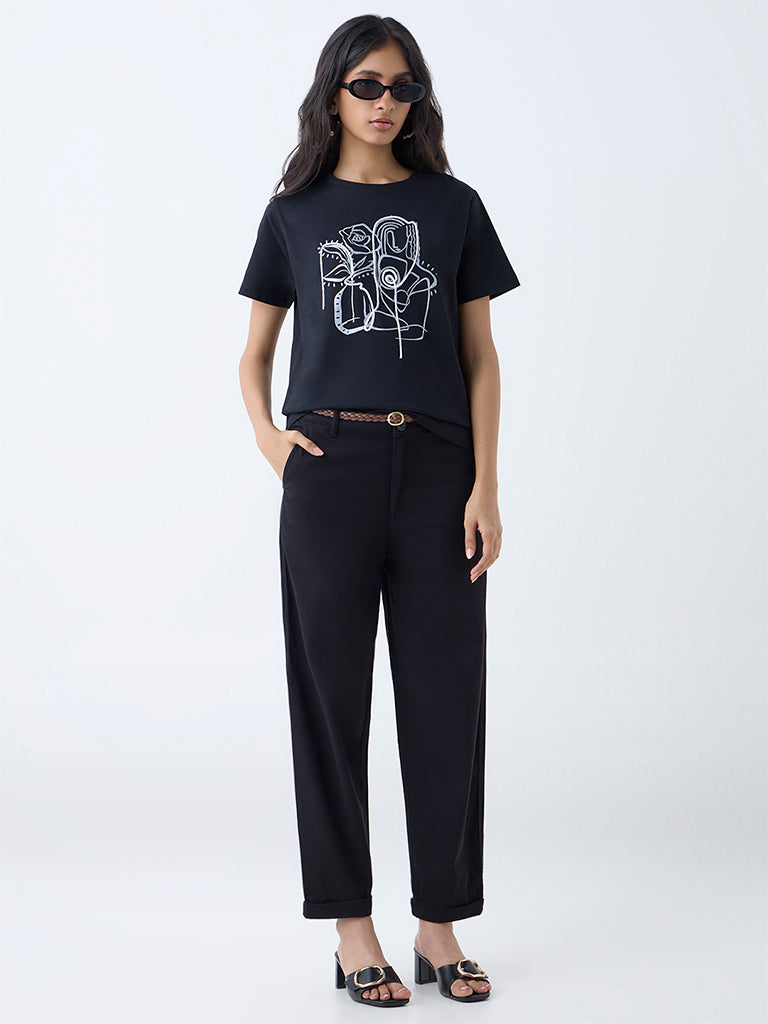 LOV Black Mid-Rise Cotton-Blend Trousers with Belt