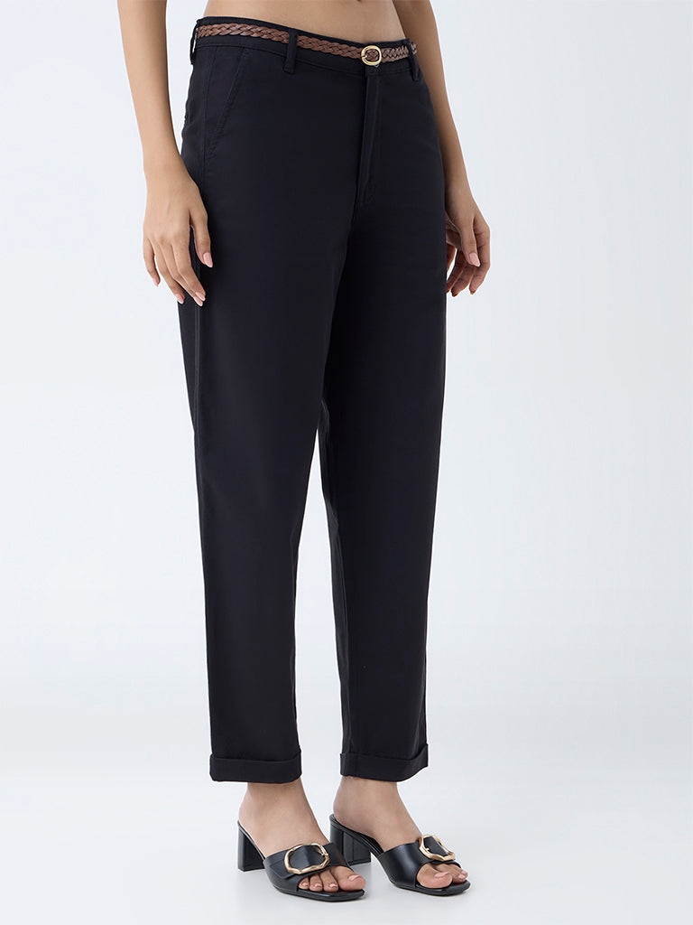 LOV Black Mid-Rise Cotton-Blend Trousers with Belt - Image 3