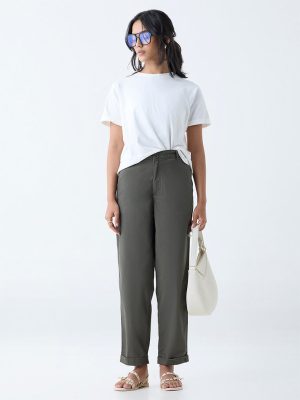 LOV Olive High-Rise Cotton-Blend Trousers
