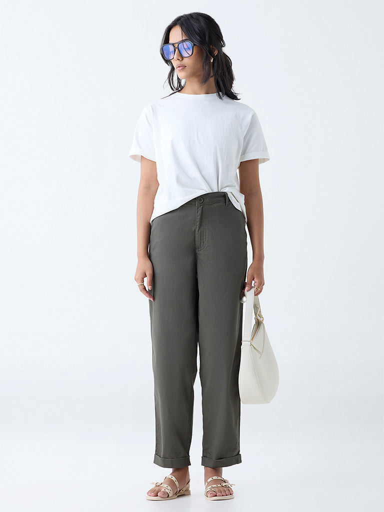 LOV Olive High-Rise Cotton-Blend Trousers