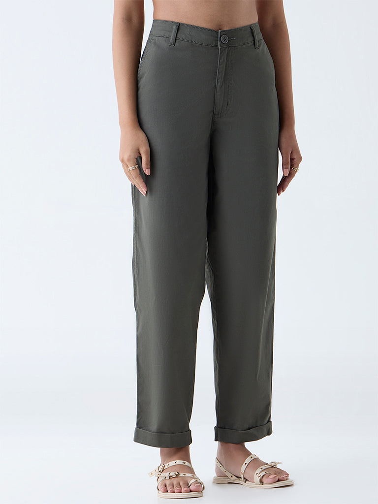 LOV Olive High-Rise Cotton-Blend Trousers - Image 3