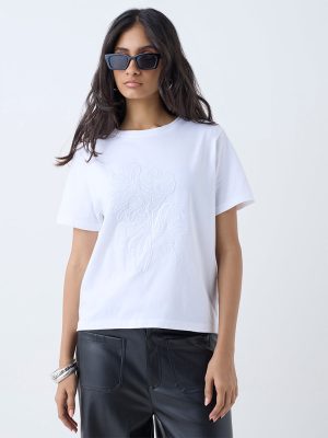 LOV White Floral Embroidered Cotton T-Shirt