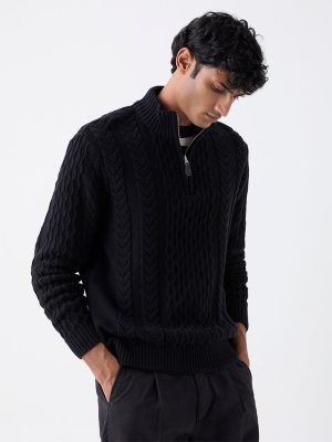 Ascot Black Relaxed Fit Cotton Three-Quarter Zip Sweater