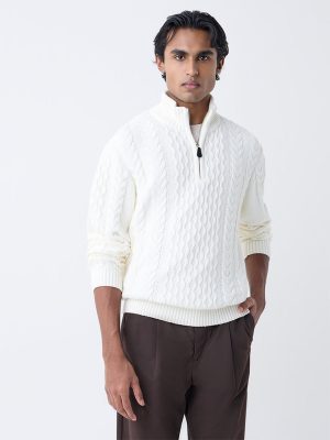 Ascot Off-White Relaxed Fit Three-Quarter Zip Sweater