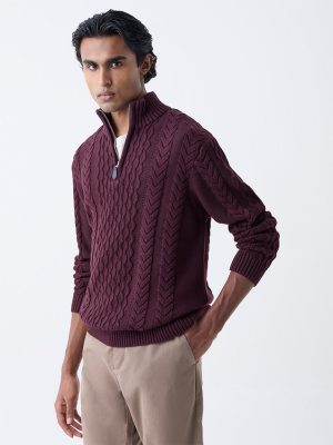 Ascot Wine Relaxed Fit Cotton Three-Quarter Zip Sweater