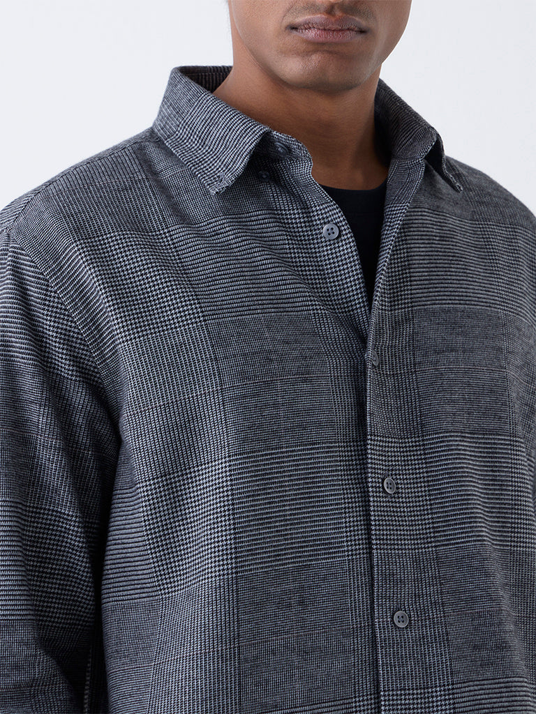 Ascot Charcoal Checks Design Relaxed-Fit Cotton-Blend Shirt - Image 4